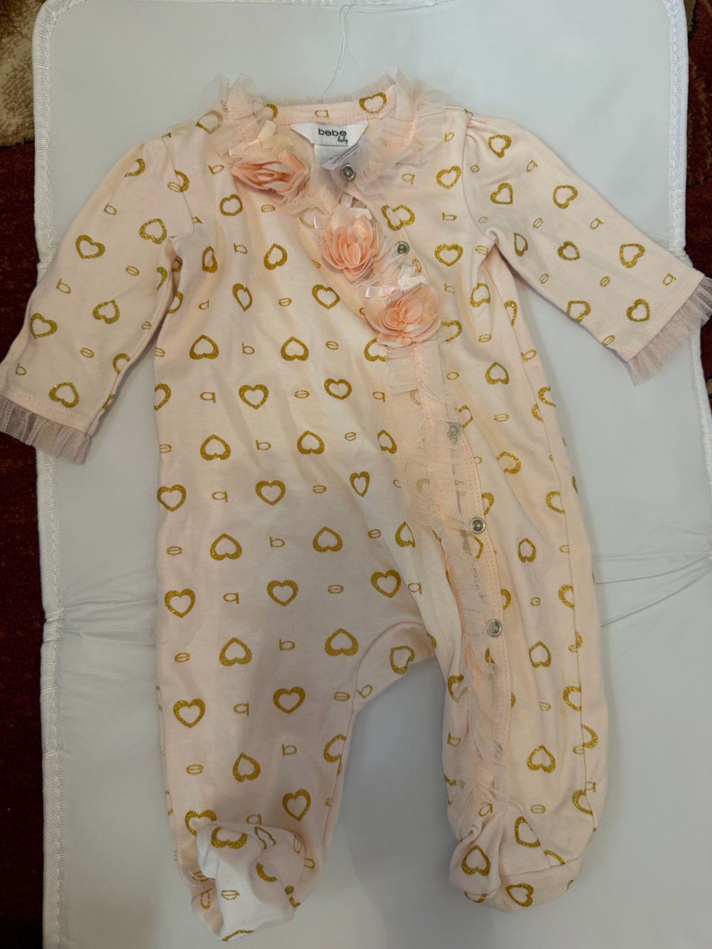 bebe Pink Footed Romper with Gold Heart Print and Floral Trim